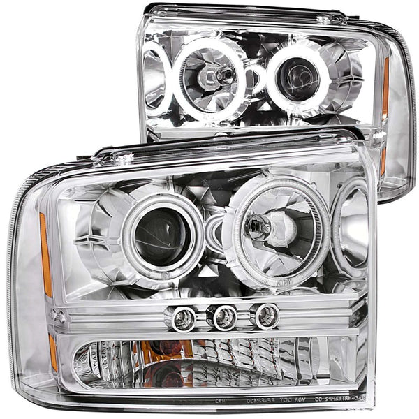 ANZO 2005-2007 Ford Excursion Projector Headlights w/ Halo Chrome w/ LED Strip (CCFL) 1pc - Bull Strap