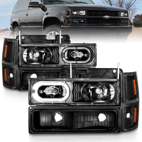 ANZO 88-98 Chevrolet C1500 Crystal Headlights Black Housing w/ Signal and Side Marker Lights - Bull Strap