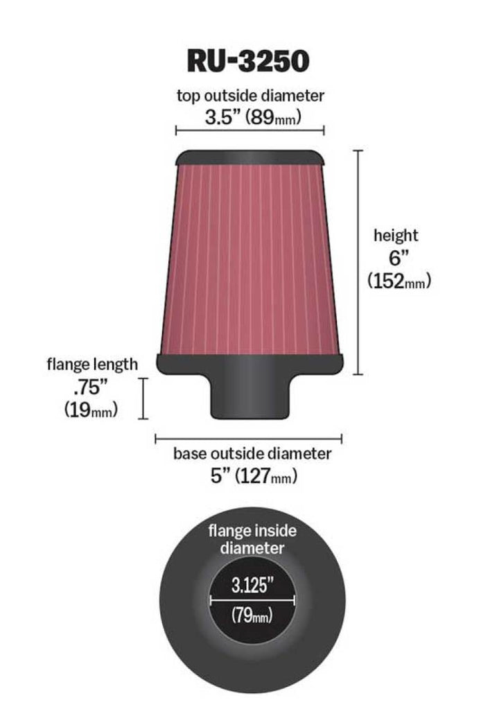K&N Universal Tapered Filter 3.125in Flange ID x 5in Base OD x 3.5in Top OD x 6in Height - Bull Strap