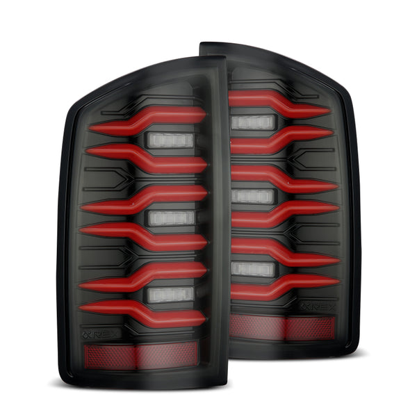 AlphaRex 02-06 Dodge Ram1500 + 03-06 Dodge Ram2500/3500 Luxx-Series LED Tail Lights (Pair) Black/Red - Bull Strap