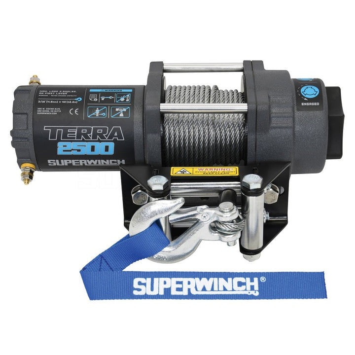 Superwinch 2500 LBS 12V DC 3/16in x 40ft Steel Rope Terra 2500 Winch - Gray Wrinkle - Bull Strap