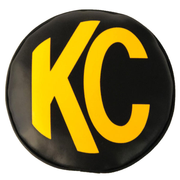 KC HiLiTES 8in. Round Soft Cover (Pair) - Black w/Yellow KC Logo - Bull Strap