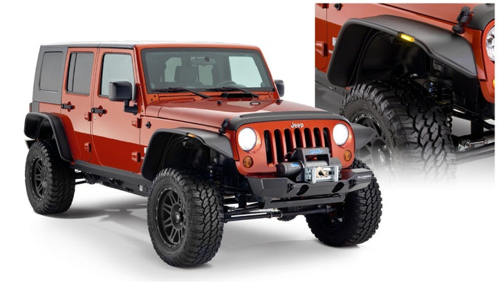 Bushwacker 07-18 Jeep Wrangler Unlimited Flat Style Flares 4pc 4-Door Sport Utility Only - Black - Bull Strap