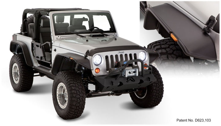 Bushwacker 07-18 Jeep Wrangler Flat Style Flares 4pc Fits 2-Door Sport Utility Only - Black - Bull Strap