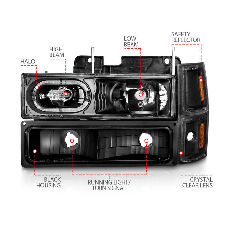 ANZO 88-98 Chevrolet C1500 Crystal Headlights Black Housing w/ Signal and Side Marker Lights - Bull Strap