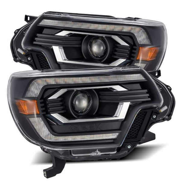 AlphaRex 12-15 Toyota Tacoma LUXX LED Projector Headlights Plank Style Black w/DRL - Bull Strap