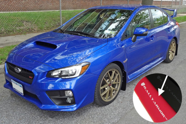Rally Armor 15-21 Subaru WRX/STI Red UR Mud Flap w/White Logo - Bull Strap