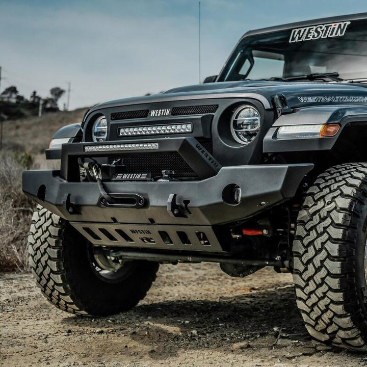 Westin 18-20 Jeep Wrangler WJ2 Full Width Front Bumper w/LED Light Bar Mount Textured Black - Bull Strap