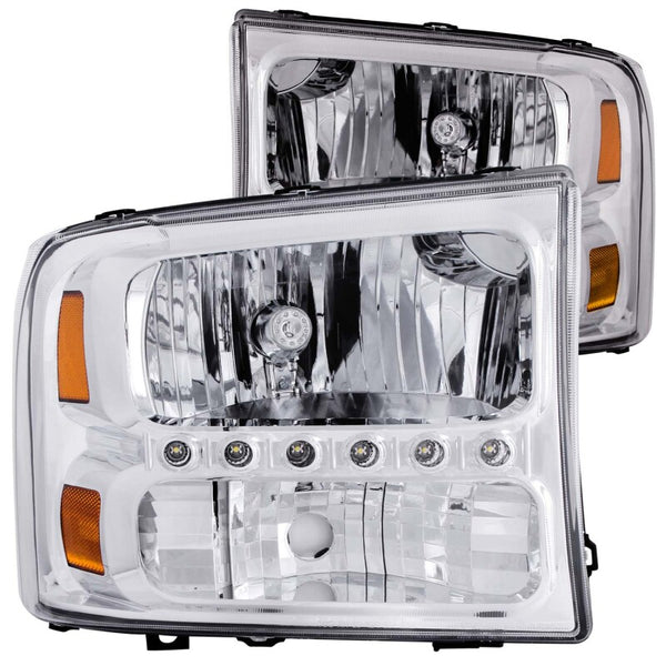 ANZO 2000-2004 Ford Excursion Crystal Headlights Chrome w/ LED 1pc - Bull Strap