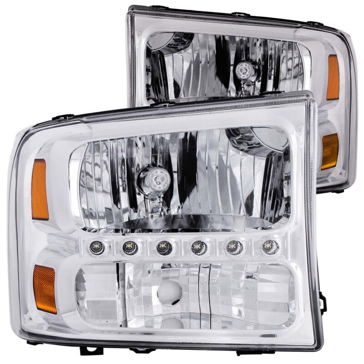 ANZO 2000-2004 Ford Excursion Crystal Headlights Chrome w/ LED 1pc - Bull Strap