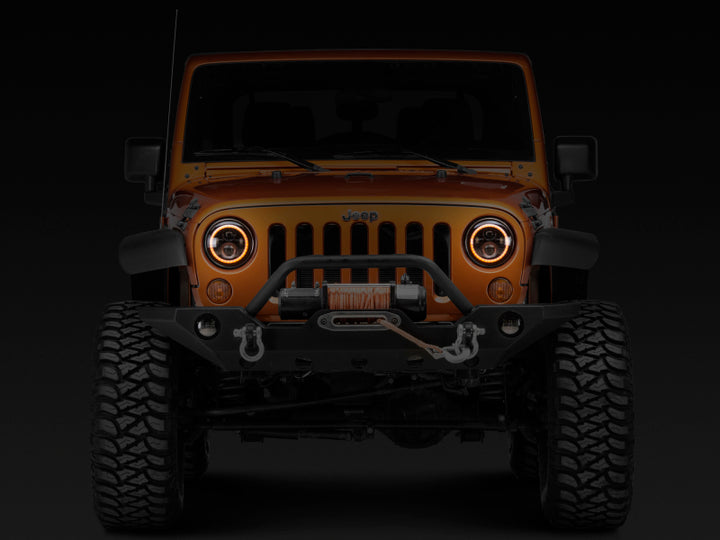 Raxiom 97-18 Jeep Wrangler TJ/JK Axial Halo Headlights w/ DRL Amber Signals- Blk Hsng (Clear Lens) - Bull Strap