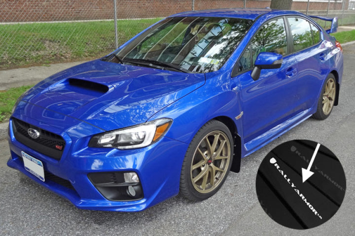 Rally Armor 15-21 Subaru WRX/STI Black UR Mud Flap w/White Logo - Bull Strap