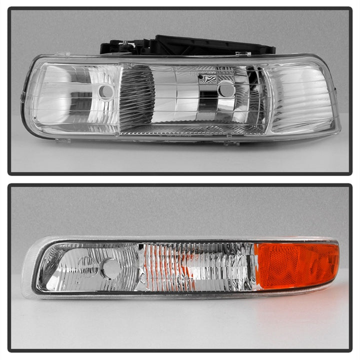 xTune Chevy Silverado 1500 99-02 OEM Style Headlights w/ Bumper Lights - Chrome HD-JH-CSIL99-OE-SET - Bull Strap