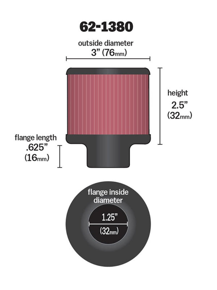 K&N 1.25in Flange ID x 3in OD x 2.5 inch H Rubber Base Crankcase Vent Filter - Bull Strap