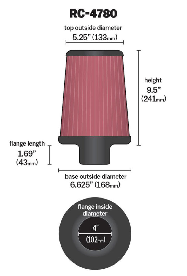 K&N Universal Filter Round Tapered 4in FlangeID / 6.625in Base OD / 5.25in Top OD / 9.5in Height - Bull Strap