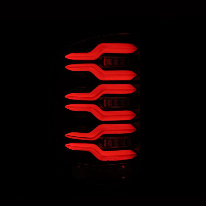 AlphaRex 14-18 GMC Sierra 1500/2500HD/3500HD LUXX-Series LED Tail Lights Alpha-Blk Actv Lgt Seq. Sig - Bull Strap