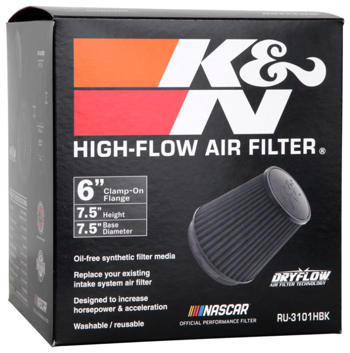 K&N Universal Rubber Filter Round Tapered 6in Flange ID x 7.5in Base OD x 5.25in Top OD x 8in Height - Bull Strap