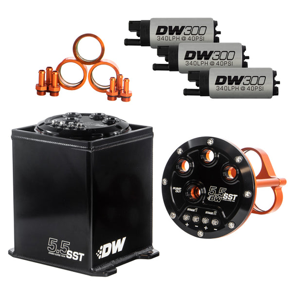 DeatschWerks 5.5L Modular Surge Tank Includes 3 DW300 Fuel Pumps - Bull Strap