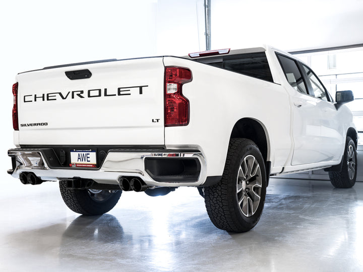 AWE Tuning 4th Gen GM 1500 5.3L 0FG Catback Split Rear Exit (w/ Bumper Cutouts) - Quad Diamond Tips - Bull Strap