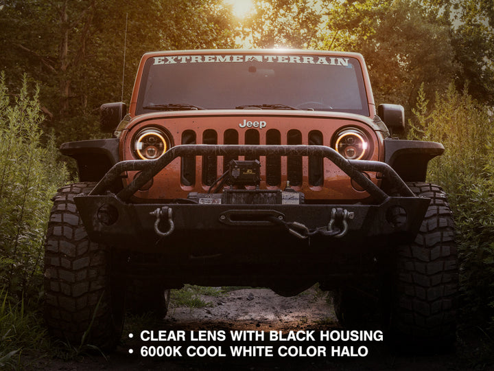 Raxiom 97-18 Jeep Wrangler TJ/JK Axial Halo Headlights w/ DRL Amber Signals- Blk Hsng (Clear Lens) - Bull Strap