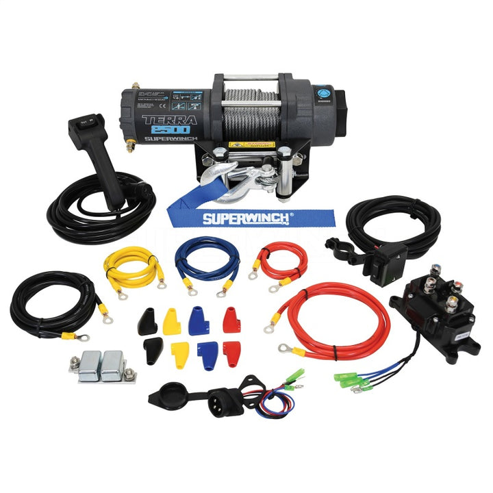 Superwinch 2500 LBS 12V DC 3/16in x 40ft Steel Rope Terra 2500 Winch - Gray Wrinkle - Bull Strap
