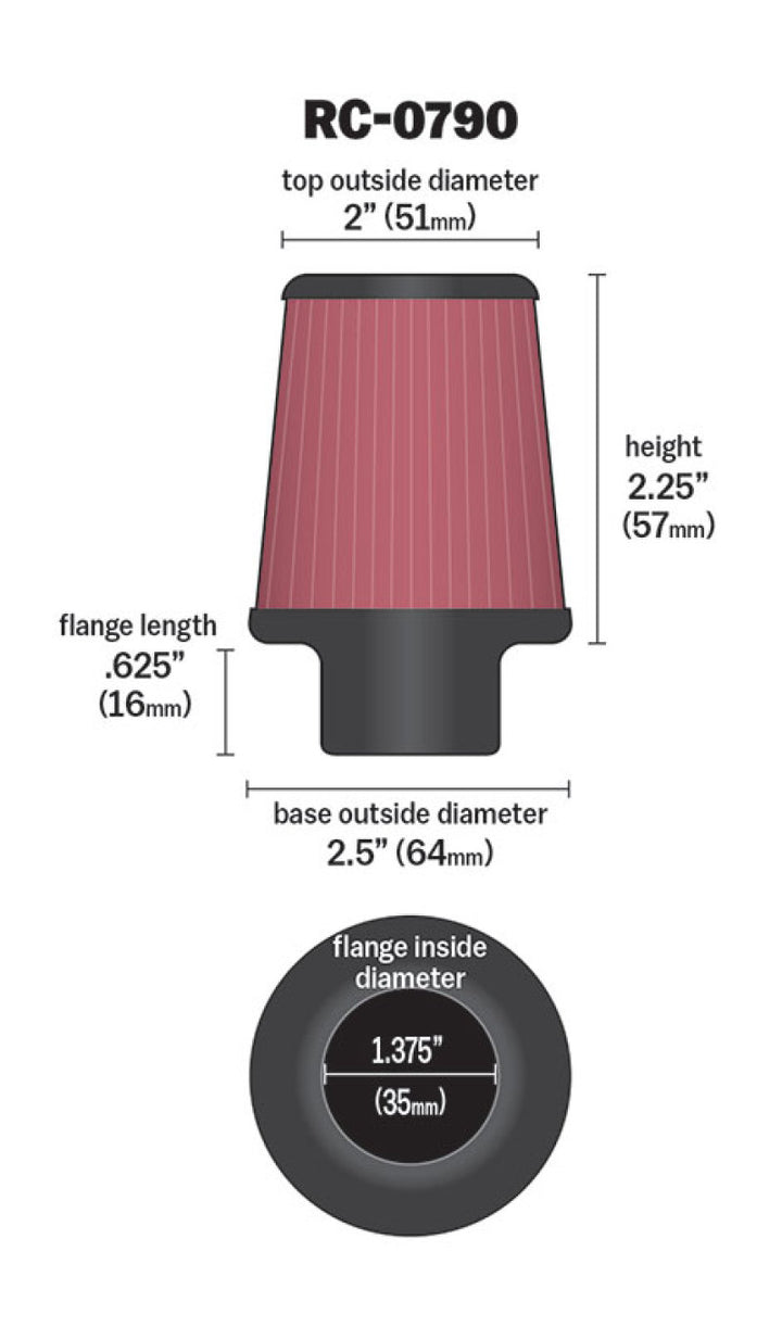 K&N Universal Chrome Filter 1 3/8 inch FLG / 2 1/2 inch Base / 2 inch Top / 2 1/4 inch Height - Bull Strap