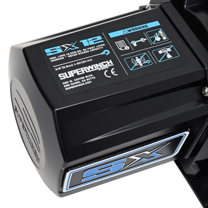 Superwinch 12000 LBS 12V DC 3/8in x 80ft Synthetic Rope SX12SR Winch - Semi Gloss Black - Bull Strap