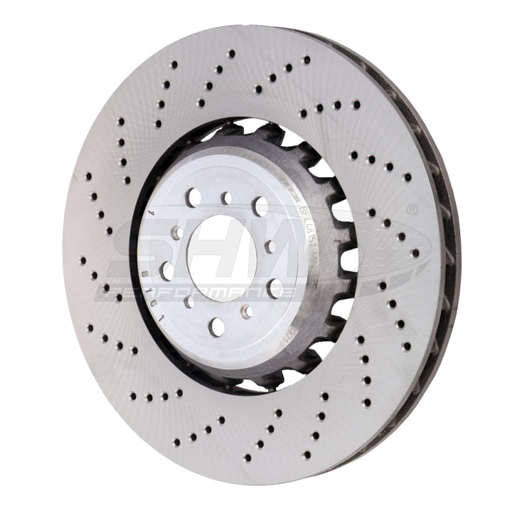 SHW 13-16 BMW M5 4.4L Left Front Cross-Drilled Lightweight Brake Rotor (34112284101) - Bull Strap