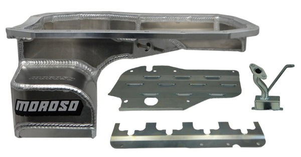 Moroso Mitsubishi Evo 7/8/9 (w/Lower Intercooler Pipe) Road Race Baffled Wet Sump 6.5qt Alum Oil Pan - Bull Strap