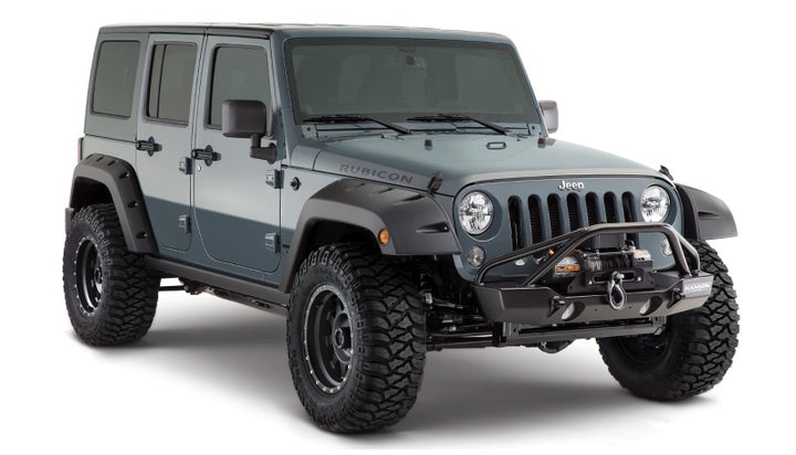 Bushwacker 07-18 Jeep Wrangler Unlimited Pocket Style Flares 2pc 4-Door Sport Utility Only - Black - Bull Strap