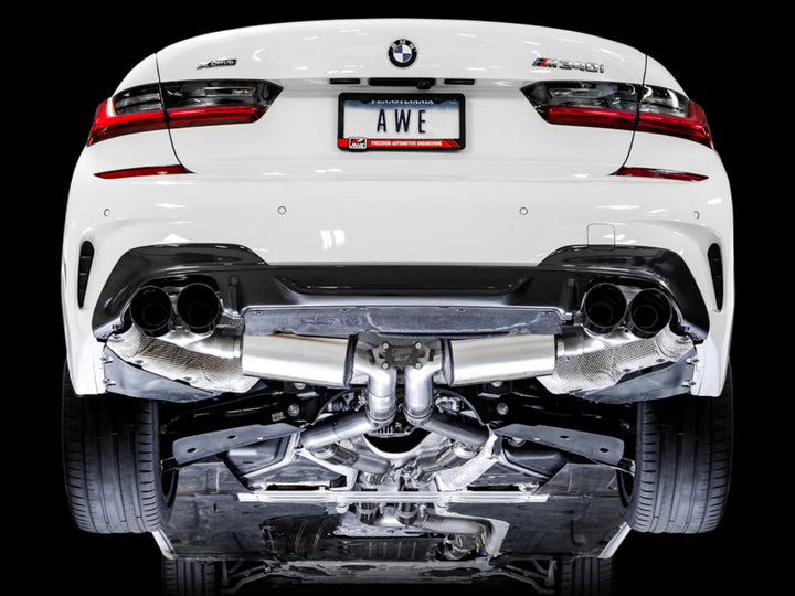 AWE Tuning 2019+ BMW M340i (G20) Non-Resonated Touring Edition Exhaust - Quad Diamond Black Tips - Bull Strap