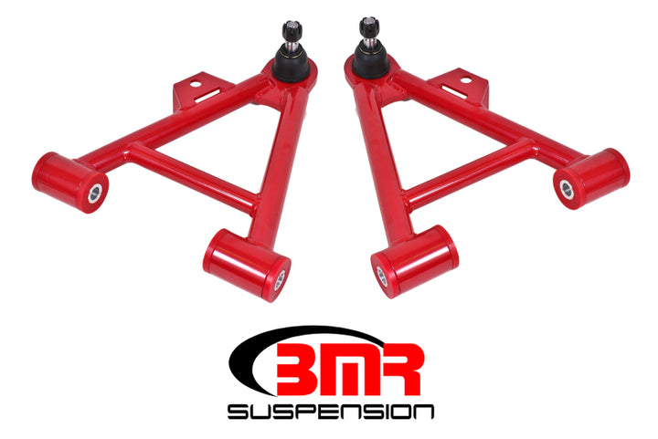 BMR 79-93 Fox Mustang Lower Non-Adj. A-Arms (Coilover Only) w/ STD. Ball Joint (Poly) - Red - Bull Strap