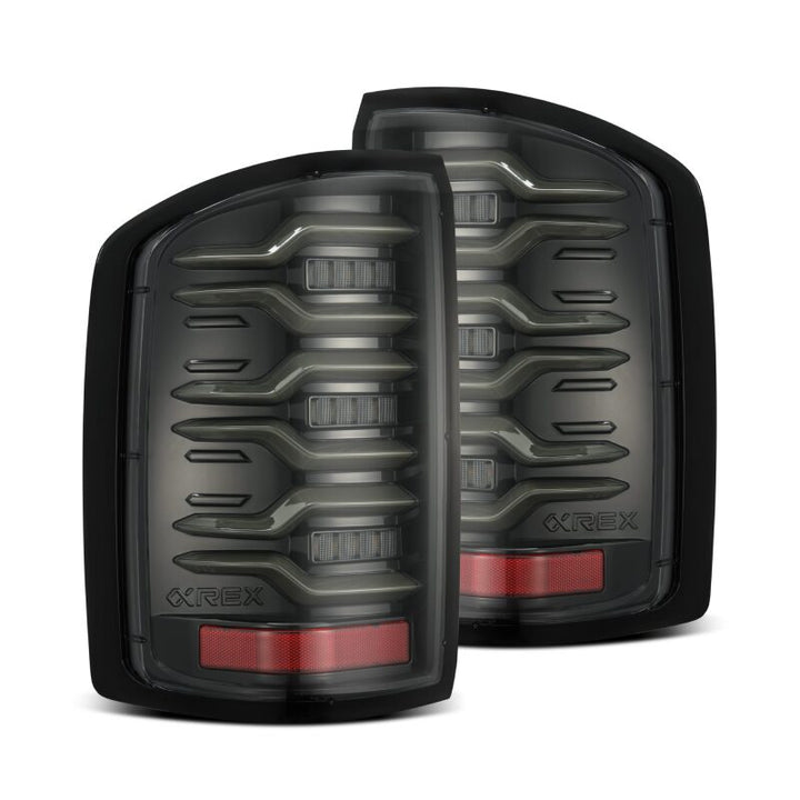 AlphaRex 14-18 GMC Sierra 1500/2500HD/3500HD LUXX-Series LED Tail Lights Alpha-Blk Actv Lgt Seq. Sig - Bull Strap