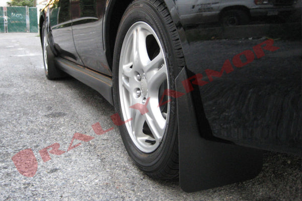 Rally Armor 02-07 Subaru WRX/STI/RS/2.5i (Wagons Req. Mod.) Basic Black Mud Flap w/Black Logo - Bull Strap