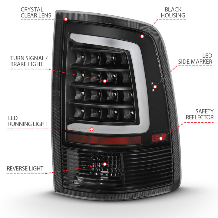 ANZO 2009-2018 Dodge Ram 1500 LED Taillight Plank Style Black w/Clear Lens - Bull Strap