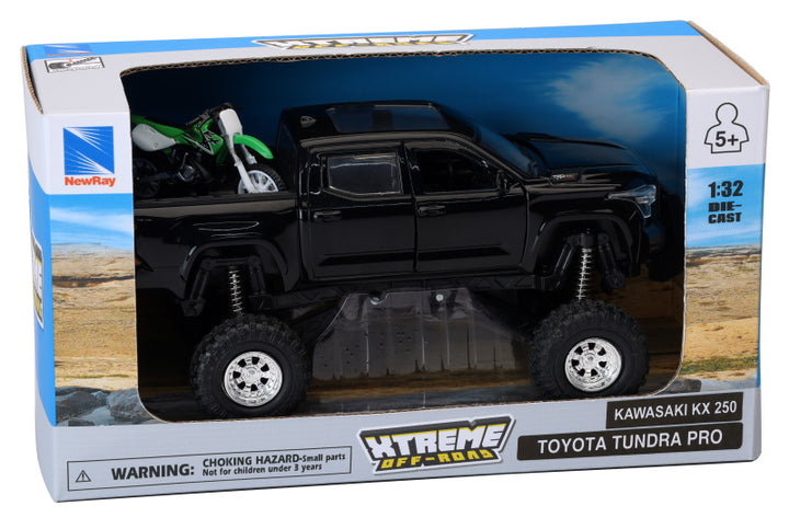 New Ray Toys Toyota Tundra Pro Lifted Truck Black with Kawasaki Dirt Bike 1:32 Scale - Bull Strap