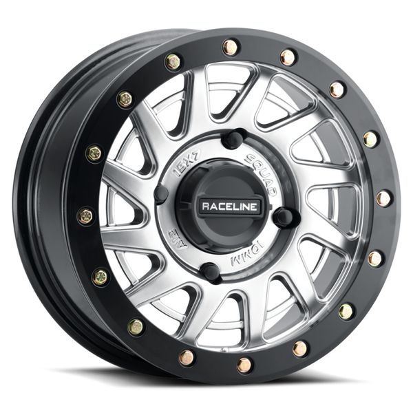 Raceline A12SB Squad 15x7in/4x137 BP/38mm Offset/110.18mm Bore - Silver & Black Ring Beadlock Wheel - Bull Strap