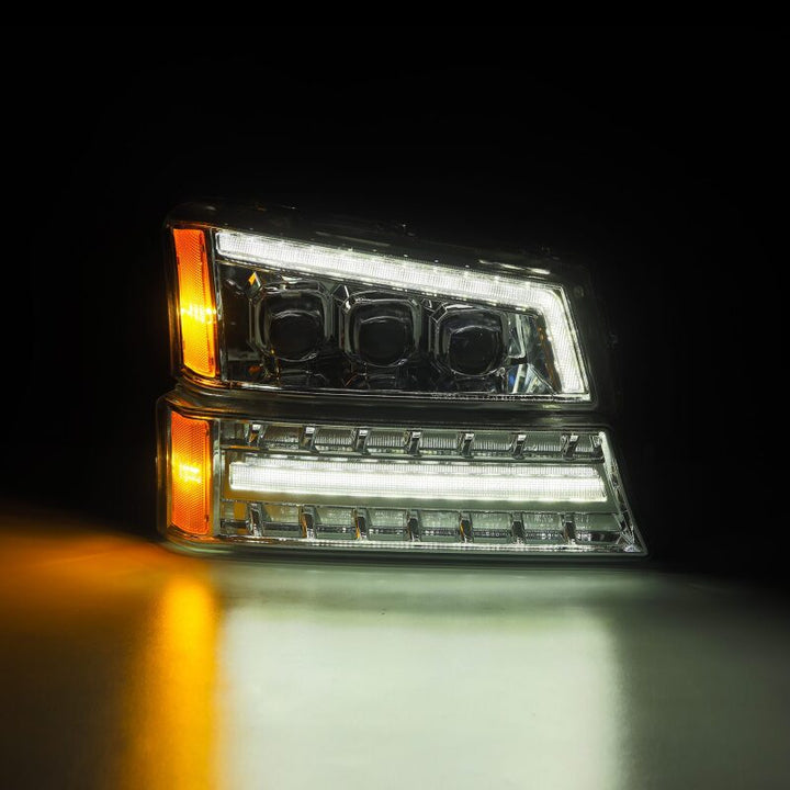 AlphaRex 03-06 Chevy Silverado 1500/2500HD/3500HD/Avalanche Chrome NOVA LED Proj Headlights - Bull Strap