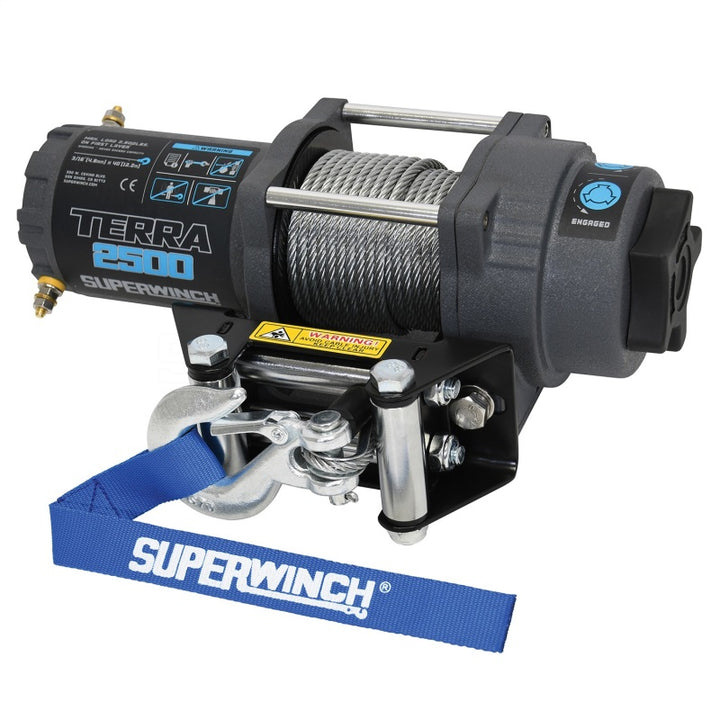 Superwinch 2500 LBS 12V DC 3/16in x 40ft Steel Rope Terra 2500 Winch - Gray Wrinkle - Bull Strap