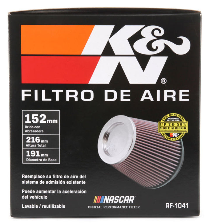 K&N Round Tapered Universal Air Filter 6 inch Flange 7 1/2 inch Base 5 inch Top 7 1/2 inch Height - Bull Strap