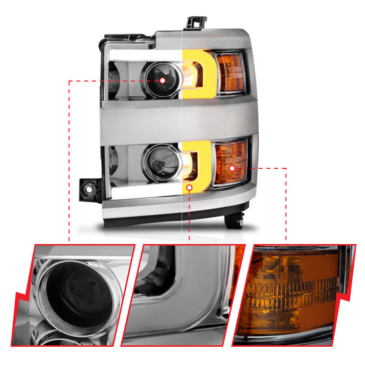 ANZO Projector Headlights 15-17 Chevrolet Silverado 2500HD / 3500HD Chrome w/ Chrome Rim - Bull Strap