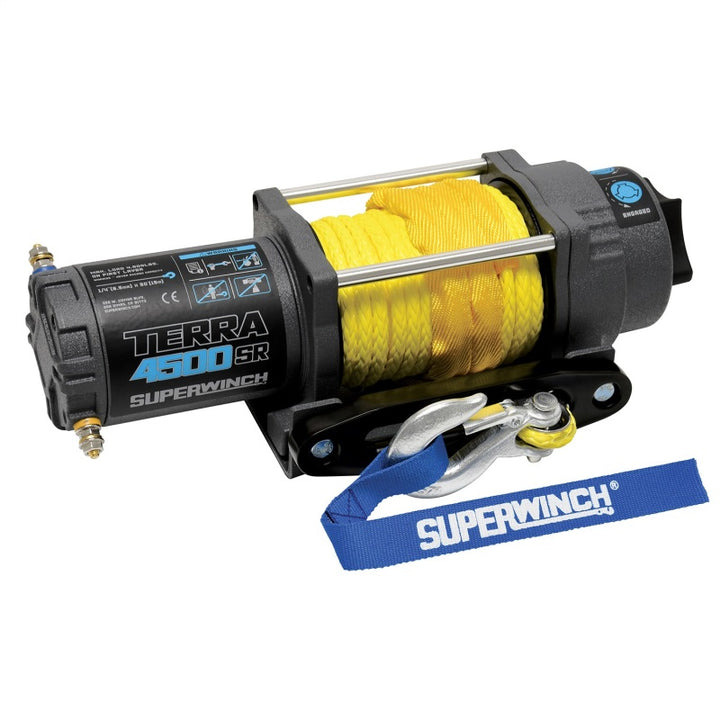 Superwinch 4500 LBS 12V DC 1/4in x 50ft Synthetic Rope Terra 4500SR Winch - Gray Wrinkle - Bull Strap