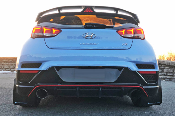 Rally Armor 19-22 Hyundai Veloster N Black UR Mud Flap w/ Red Logo - Bull Strap
