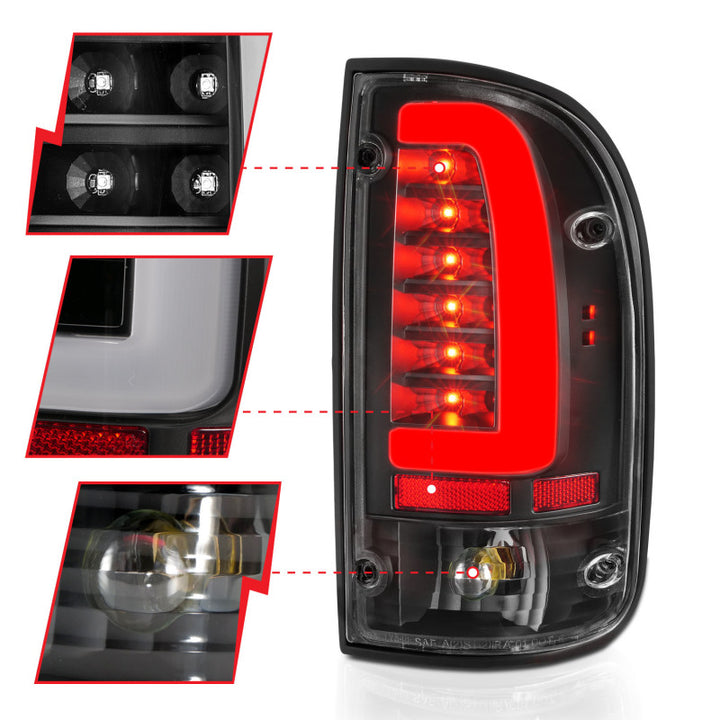 ANZO 95-00 Toyota Tacoma LED Taillights Black Housing Clear Lens (Pair) - Bull Strap
