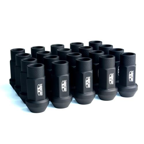 BLOX Racing Street Series Forged Lug Nuts - Flat Black 12 x 1.5mm - Set of 20 (New Design) - Bull Strap
