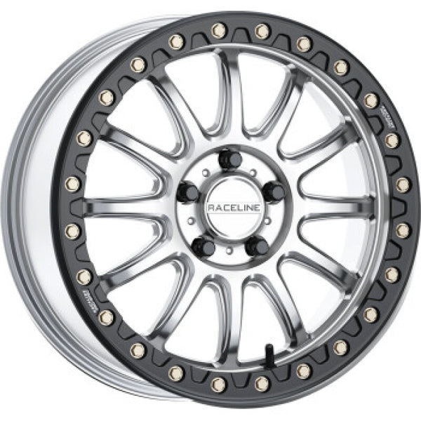 Raceline A14SB Alpha 17x7in/5x114.3 BP/25mm Offset/114.3mm Bore - Silver & Blk Ring Beadlock Wheel - Bull Strap