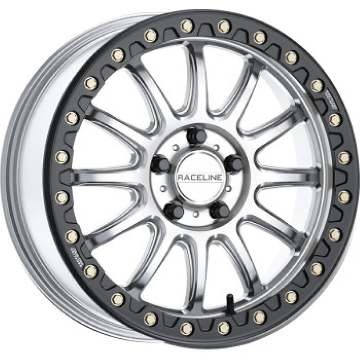 Raceline A14SB Alpha 17x7in/5x114.3 BP/25mm Offset/114.3mm Bore - Silver & Blk Ring Beadlock Wheel - Bull Strap