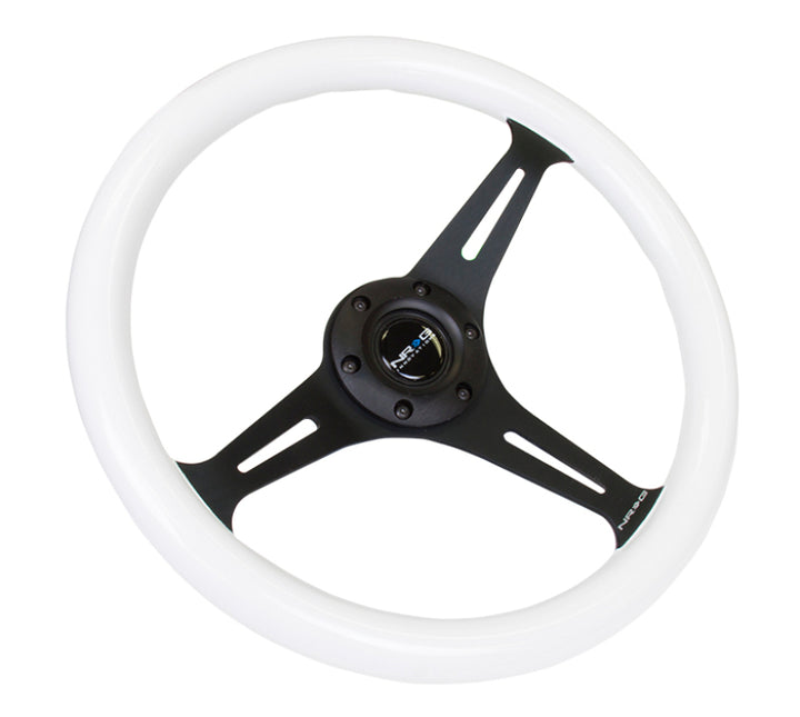 NRG Classic Wood Grain Steering Wheel (350mm) Glow-N-The-Dark Green Grip w/Black 3-Spoke Center - Bull Strap