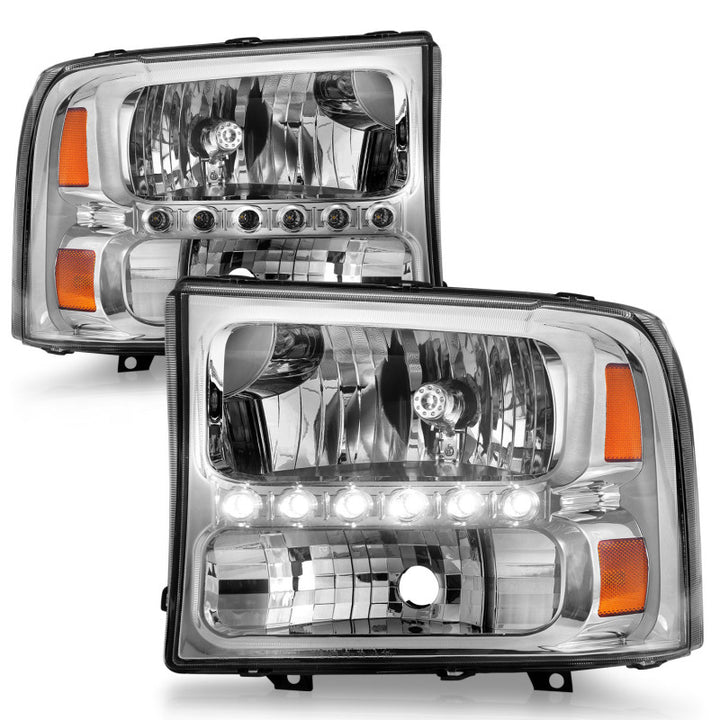 ANZO 2000-2004 Ford Excursion Crystal Headlights Chrome w/ LED 1pc - Bull Strap