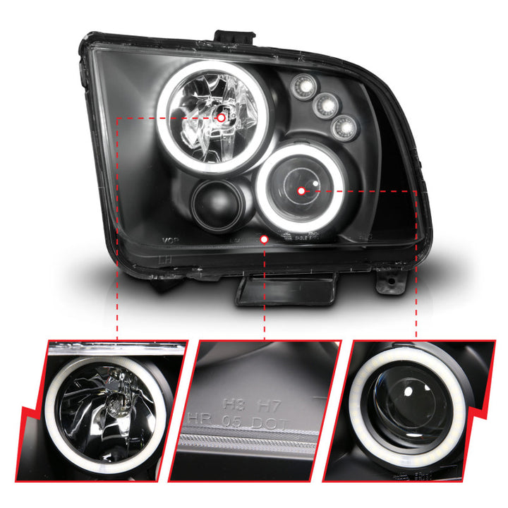 ANZO 2005-2009 Ford Mustang Projector Headlights w/ Halo Black - Bull Strap